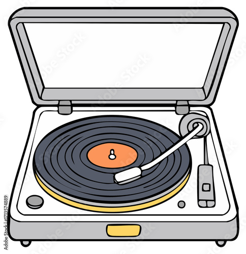 Turntable with Vinyl Record, Open Lid, Playing Music, Modern Sound System, Portable Record Player, Illustration