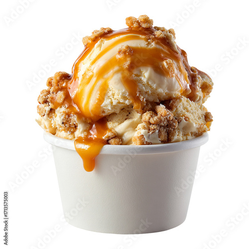 A delicious scoop of caramel ice cream in a white paper cup, topped with sweet toffee sauce and a crunchy crumble. Isolated on a gray background