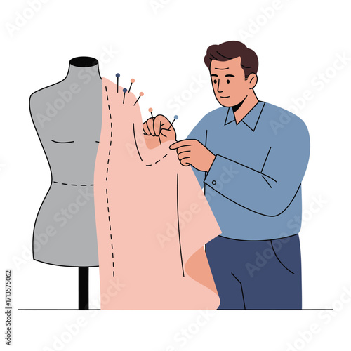 Vector art of man tailoring a dress on a mannequin