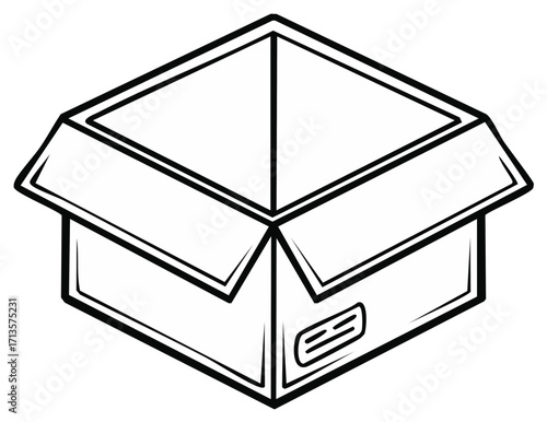 Isometric outline illustration of an open empty cardboard shipping box