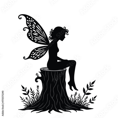 Black silhouette fairy with butterfly wings sitting on tree stump