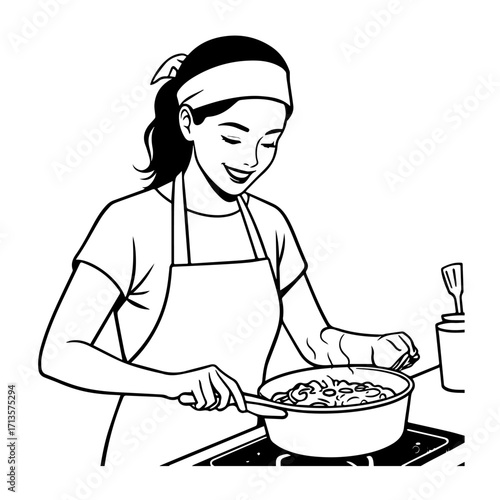 Black and White Vector Illustration of a Smiling Woman Cooking in Kitchen with Apron and Headband