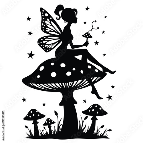 Black silhouette fairy with butterfly wings sitting on a mushroom