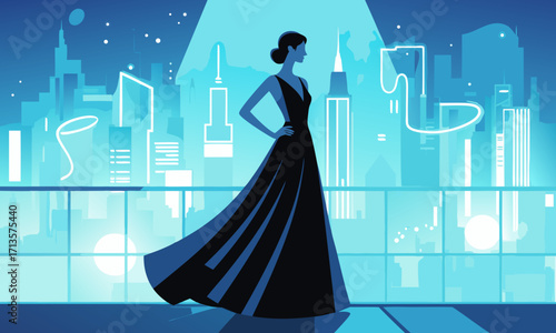 Elegant Woman in Black Gown on City Balcony Overlooking Skyline.