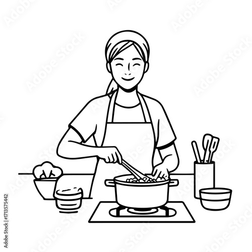 Black and White Vector Illustration of a Smiling Woman Cooking in Kitchen with Apron and Headband