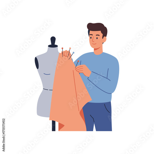 Vector art of young man tailor working with fabric and mannequin