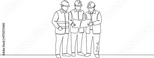 Engineers teamwork line drawing, construction workers planning, blueprint discussion, safety helmet sketch, project site vector, architecture design illustration, technical coordination artwork