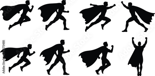 Superhero silhouette illustration, dynamic action poses, flying hero, comic style, cape movement, powerful stance, black figure, heroic motion, vector art