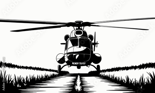 Front view of a black and white helicopter with rotor blades extended ready for flight.