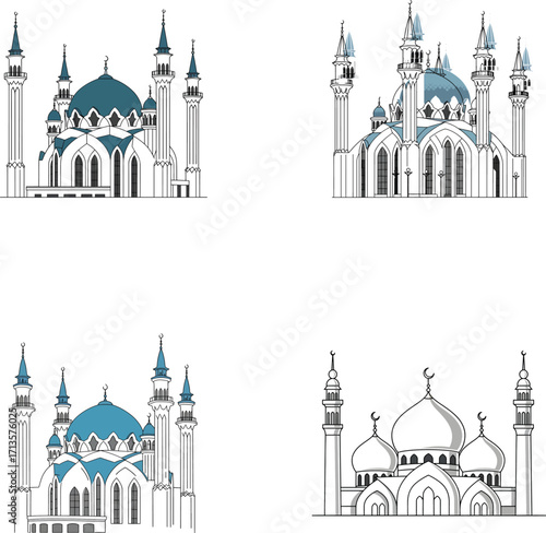 Drawing vector of Kul Sharif Mosque and other mosques in various styles
