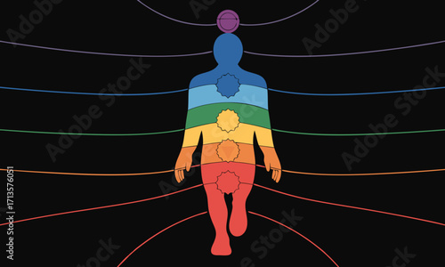 Human Body Chakra System Visualization with Energy Lines.