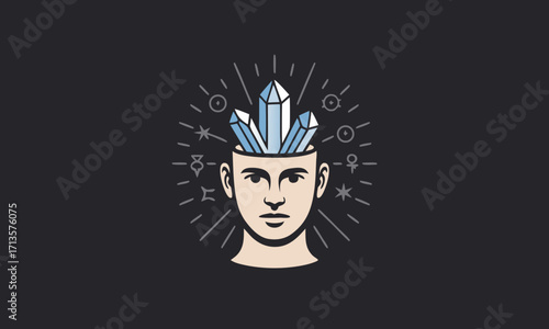 Human Head with Crystals and Celestial Symbols.