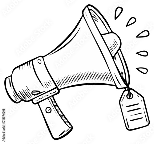 Vintage doodle megaphone with price tag announcing discount promotion and urgent news
