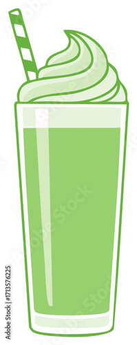 Refreshing Green Milkshake Cartoon Illustration with Whipped Cream and Straw