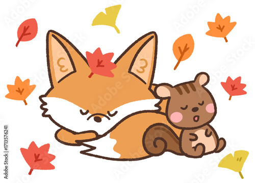 秋の紅葉のなかで眠るかわいいキツネとリスの動物アイコンイラスト