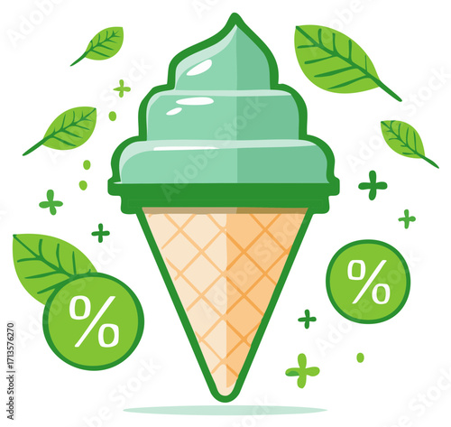 Green soft serve ice cream cone vector illustration with mint leaves and percentage signs for a summer sale