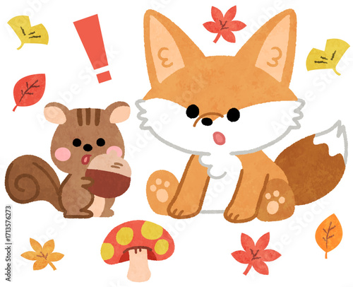 秋の紅葉のなかにいるかわいいキツネとリスの動物アイコンイラスト