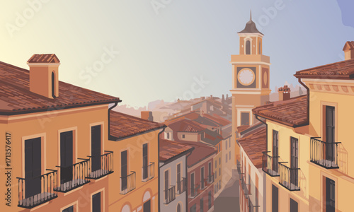 Italian Town Street Scene with Clock Tower and Terracotta Roofs.