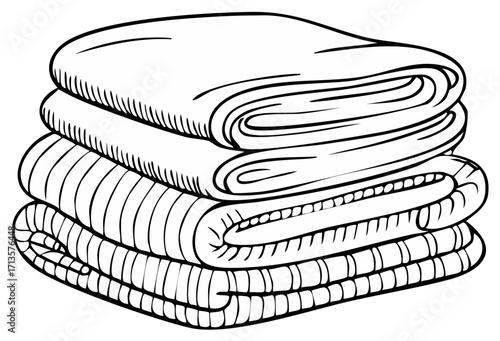 Stacked towels illustration, folded linens graphic, black and white.