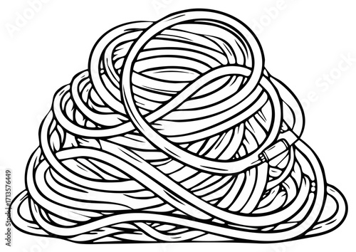 Black and white cartoon illustration of a messy tangled garden hose