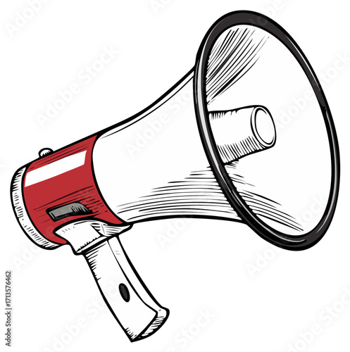 Illustrated red and white bullhorn with outline, megaphone icon, communication device for speeches
