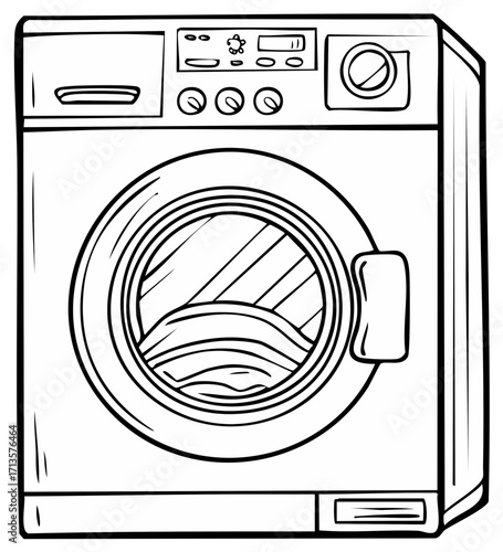 Washing Machine Illustration Line Art Laundry Appliance For Garment Cleaning