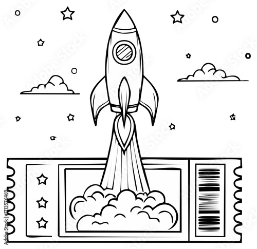 Rocket launching from ticket with stars, clouds, smoke trail outlined design element for books, prints.
