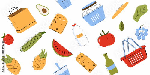 Grocery products in supermarket packages. Fruits, other groceries, goods, processed and fresh food. Healthy eating concept. Vector illustration.