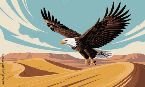 Majestic Bald Eagle Soaring Over Desert Dunes Under a Cloudy Sky.