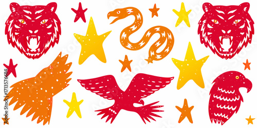 Hand drawn cartoon hot element. Flash lightning fire star pastel pattern bg. Punk Rock vector background.