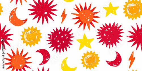 Hand drawn cartoon hot element. Flash lightning fire star pastel pattern bg. Punk Rock vector background.