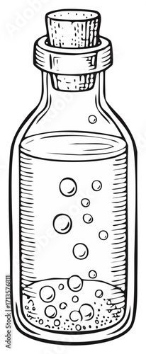 Ink illustration of a potion bottle with bubbles