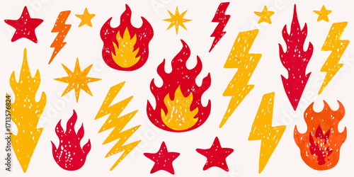 Hand drawn cartoon hot element. Flash lightning fire star pastel pattern bg. Punk Rock vector background.