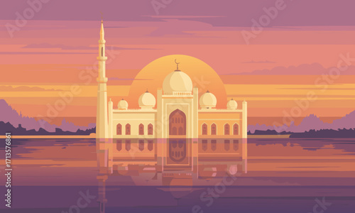 Majestic Islamic Mosque Reflected in Calm Water at Sunset.