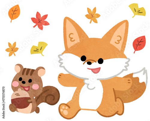 秋の紅葉のなかを歩くかわいいキツネとリスの動物アイコンイラスト