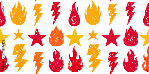 Hand drawn cartoon hot element. Flash lightning fire star pastel pattern bg. Punk Rock vector background.