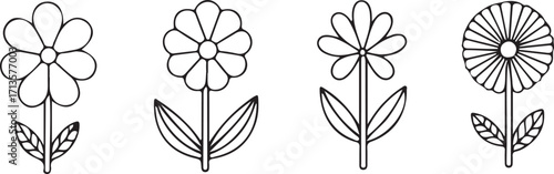 Four stylized line art flowers with leafy stems