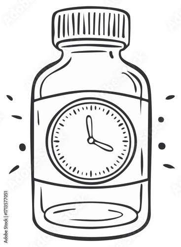 Bottle with clock face showing time in a hand drawn sketch
