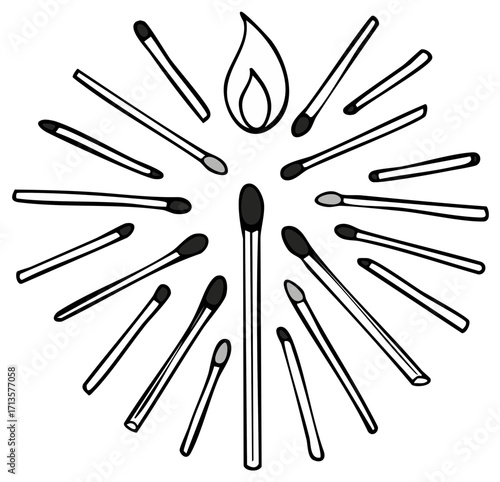 Hand drawn illustration of matchsticks in a radial pattern around a single flame