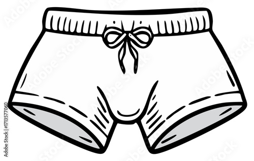 Simple hand drawn illustration of white boxer shorts with drawstring and elastic waistband