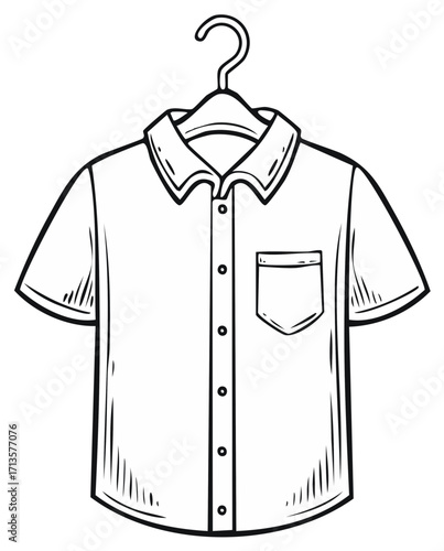 Black and white illustration of a button-down shirt hanging on a hanger.