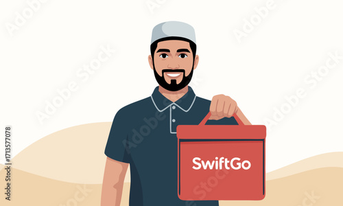 Man in Kufi Hat Holding SwiftGo Delivery Bag.