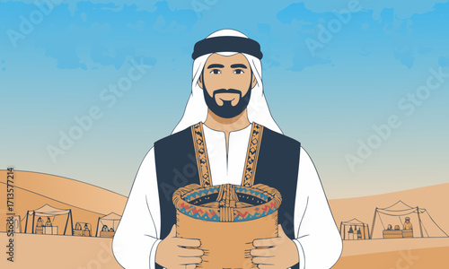 Man in Traditional Arab Clothing Holding a Woven Basket.