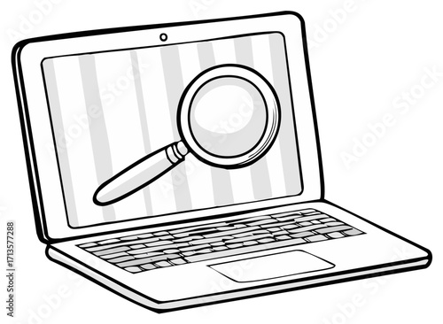 Outline illustration of laptop with magnifying glass on screen, data research concept, internet security issues, device.