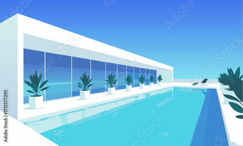 Modern Indoor Swimming Pool with Potted Plants and Lounge Chair.