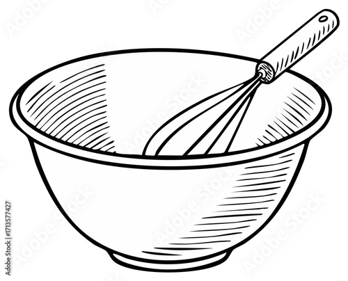 Hand drawn illustration of a mixing bowl with a whisk preparing for baking or cooking