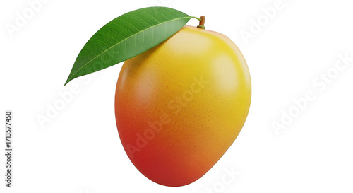 Ripe mango fruit with green leaf isolated on transparent background