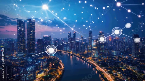 Night cityscape with river, connected dots network above, and colorful sky at dusk