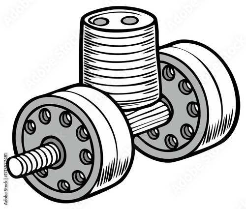 Stylized Illustration of a Futuristic Engine Design with Wheels and Cylindrical Components