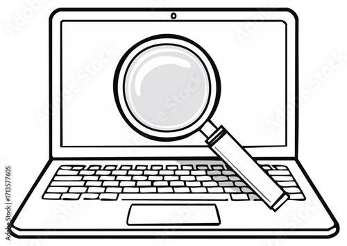 Magnifying glass focused on Laptop screen representing search engine optimization and digital investigation on computer networks